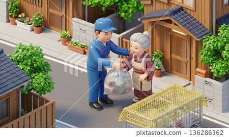 一位當地志工幫助老人倒垃圾。 136286362