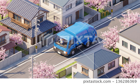 一輛藍色垃圾車駛過櫻花樹環繞的居民區。 136286369
