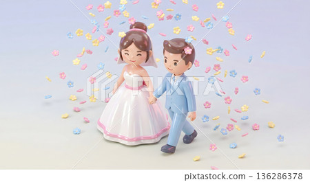 一對幸福的新郎新娘漫步在如雨般的鮮花祝福中 136286378