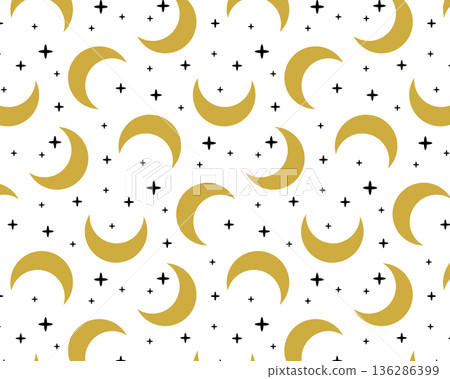 Mystical pattern. Boho moon and stars. Isolated white background. Vector illustration Mystical pattern. Boho moon and stars. Isolated white background. Vector illustration 136286399