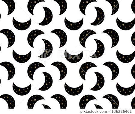 Mystical pattern. Boho moon and stars. Isolated white background. Vector illustration 136286401