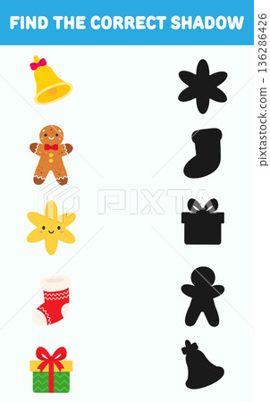Find the correct shadow. Christmas elements. Isolated background. Vector cartoon illustration. 136286426
