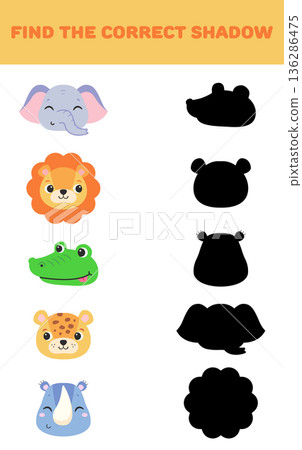 Find the right shadow. Cute animals. Educational games for children. Vector illustration 136286475