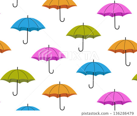 Pattern of multicoloured umbrellas. Isolated white background. Vector illustration Pattern of multicoloured umbrellas. Isolated white background. Vector illustration 136286479