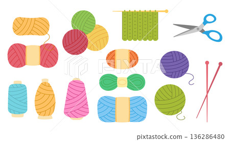 A set of threads and tools for sewing and knitting. Vector illustration on a white background A set of threads and tools for sewing and knitting. Vector illustration on a white background 136286480
