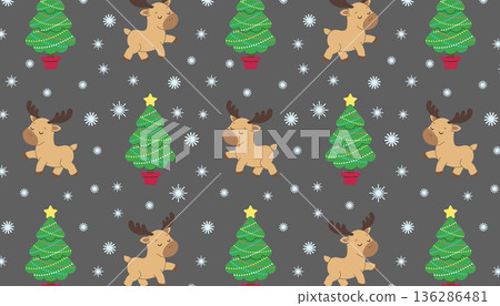 Holiday pattern. Deer and Christmas tree. Isolated grey background. Vector illustration Holiday pattern. Deer and Christmas tree. Isolated grey background. Vector illustration 136286481