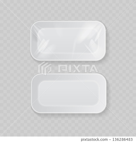 Realistic White Styrofoam Food Tray Mockup Set. Vector Empty and Wrapped Plastic Container with Cling Film. 136286483