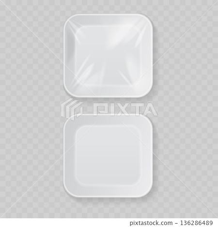 Realistic White Styrofoam Food Tray Mockup Set. Vector Empty and Wrapped Plastic Container with Cling Film. Realistic White Styrofoam Food Tray Mockup Set. Vector Empty and Wrapped Plastic Container with Cling Film. 136286489