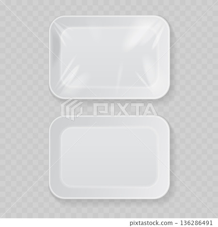 Realistic White Styrofoam Food Tray Mockup Set. Vector Empty and Wrapped Plastic Container with Cling Film. 136286491