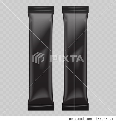 Realistic Black Stick Pack Mockup Set (Front Back View). Vector Dark Foil Sachet Template for Coffee, Sugar or Powder. 136286493