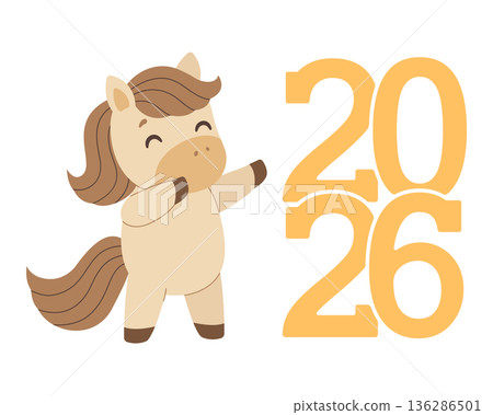 New year symbol design horse and numbers 2026. Happy New Year. Vector illustration in flat style. 136286501