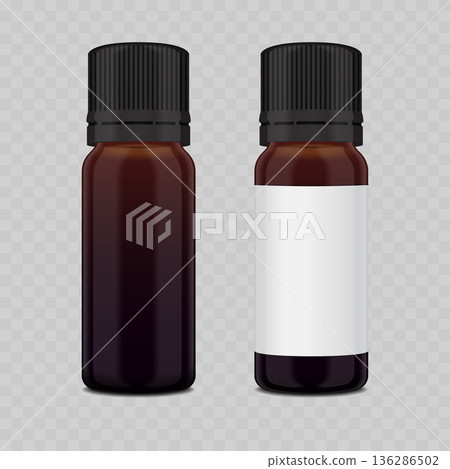 Realistic Amber Glass Bottle Mockup with White Cap. Vector Brown Essential Oil or Medicine Container with Blank Label. Realistic Amber Glass Bottle Mockup with White Cap. Vector Brown Essential Oil or Medicine Container with Blank Label. 136286502