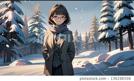 A high school girl walking to school on a snowy road 136286508