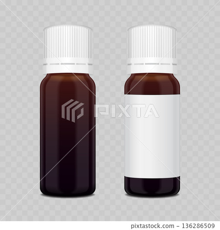 Realistic Amber Glass Bottle Mockup with White Cap. Vector Brown Essential Oil or Medicine Container with Blank Label. 136286509