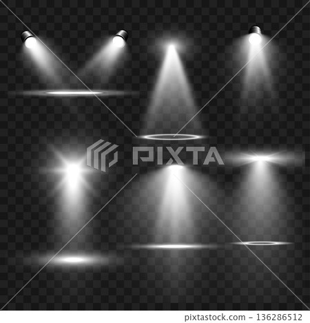 Realistic White Stage Spotlights and Light Beam Effects Set on Transparent Background. Vector 136286512