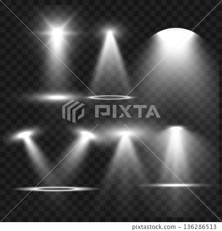 Realistic White Stage Spotlights and Light Beam Effects Set on Transparent Background. Vector 136286513