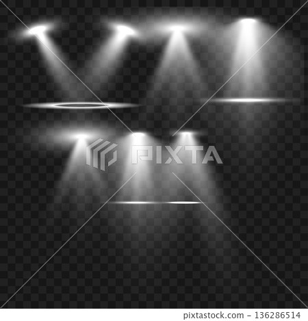 Realistic White Stage Spotlights and Light Beam Effects Set on Transparent Background. Vector 136286514