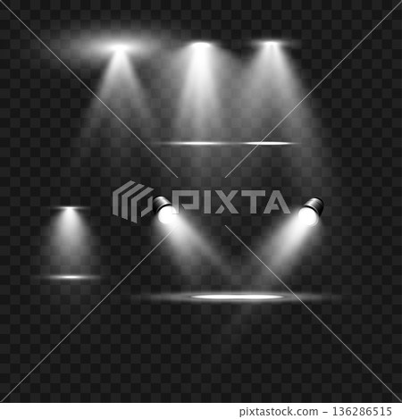 Realistic White Stage Spotlights and Light Beam Effects Set on Transparent Background. Vector Realistic White Stage Spotlights and Light Beam Effects Set on Transparent Background. Vector 136286515