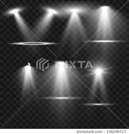 Realistic White Stage Spotlights and Light Beam Effects Set on Transparent Background. Vector 136286517