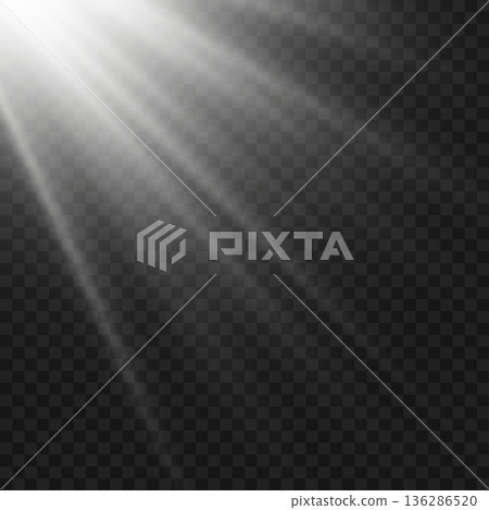 Realistic White Sun Ray Light Beam from Corner Overlay. Vector 136286520