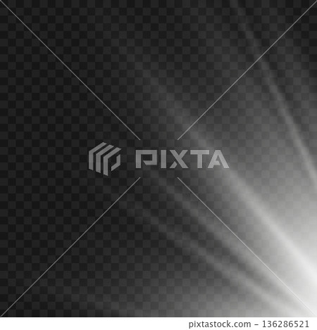 Realistic White Sun Ray Light Beam from Corner Overlay. Vector Realistic White Sun Ray Light Beam from Corner Overlay. Vector 136286521