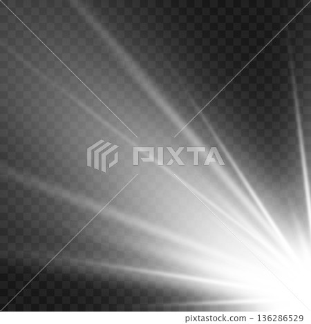 Realistic White Sun Ray Light Beam from Corner Overlay. Vector 136286529
