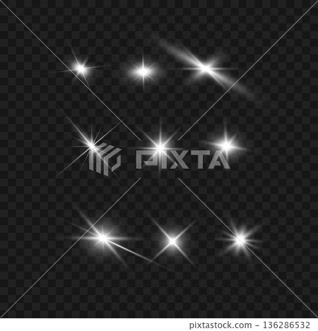 Realistic White Glowing Lens Flares and Sparkle Stars Set on Transparent Background. Vector 136286532