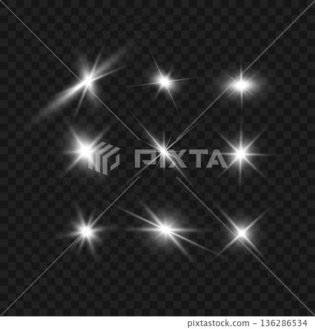 Realistic White Glowing Lens Flares and Sparkle Stars Set on Transparent Background. Vector Realistic White Glowing Lens Flares and Sparkle Stars Set on Transparent Background. Vector 136286534