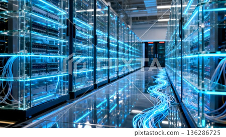 Modern data center corridor with glowing blue server racks and illuminated cables. Represents digital technology, cloud computing, and network infrastructure for secure data management. Modern data center corridor with glowing blue server racks and illuminated cables. Represents digital technology, cloud computing, and network infrastructure for secure data management. 136286725