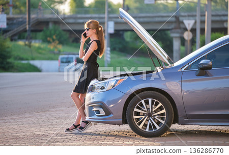 Helpless woman standing near her car with open bonnet calling road service for help. Young female driver having trouble with vehicle Helpless woman standing near her car with open bonnet calling road service for help. Young female driver having trouble with vehicle 136286770