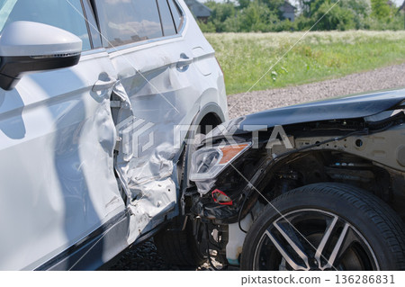 Damaged in heavy car accident vehicles after collision on city street crash site. Road safety and insurance concept 136286831