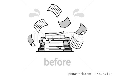 An illustration showing a situation where paper documents are piling up and work is in disarray An illustration showing a situation where paper documents are piling up and work is in disarray 136287148