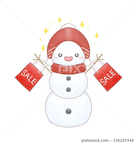 Illustration of a shopping snowman with sparkling eyes Illustration of a shopping snowman with sparkling eyes 136287448