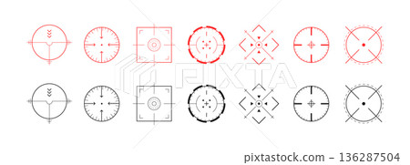 Crosshair Hud red. Tactical sniper interface with radar. Location and precision viewfinder. Futuristic game panels. Modern Vector illustration 136287504