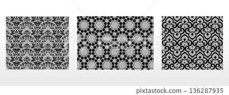 Geometric floral set of seamless patterns. Gray and black vector backgrounds. Damask graphic ornaments 136287935