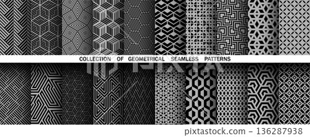 Geometric set of seamless black and white patterns. Simple vector graphics. 136287938