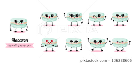 Kawaii macaron character set with various expressions and poses 136288606