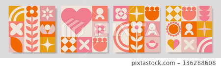 Geometric pattern cards with floral and heart designs in pink and orange Geometric pattern cards with floral and heart designs in pink and orange 136288608