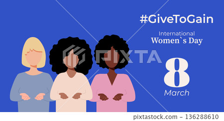 Diverse women celebrating International Women's Day with GiveToGain banner, March 8 Diverse women celebrating International Women's Day with GiveToGain banner, March 8 136288610