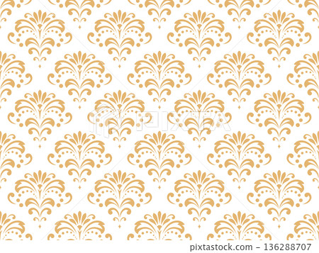 Floral pattern. Seamless vector background. Vintage wallpaper in the Baroque style. White and golden ornament for fabric, wallpaper, packaging. Ornate Damask flower illustration Floral pattern. Seamless vector background. Vintage wallpaper in the Baroque style. White and golden ornament for fabric, wallpaper, packaging. Ornate Damask flower illustration 136288707