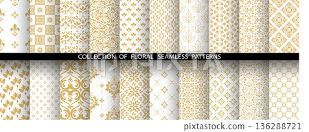 Geometric floral set of seamless patterns. White and golden vector backgrounds. Damask graphic ornaments Geometric floral set of seamless patterns. White and golden vector backgrounds. Damask graphic ornaments 136288721