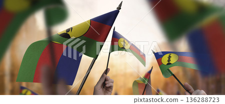New Caledonia flags in their hands on a blurred urban background 136288723