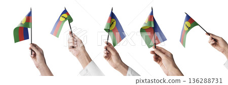 The New Caledonia flag in hand in different angles on a white background The New Caledonia flag in hand in different angles on a white background 136288731