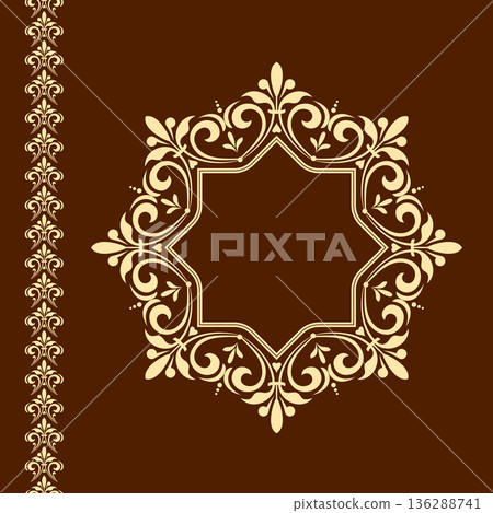 Decorative frame Elegant vector element for design in Eastern style, place for text. Floral golden and brown frame. Lace illustration for invitations and greeting cards Decorative frame Elegant vector element for design in Eastern style, place for text. Floral golden and brown frame. Lace illustration for invitations and greeting cards 136288741