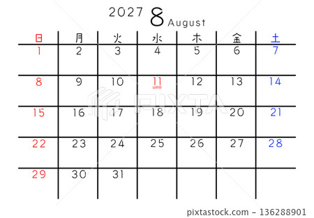 2027 Simple Calendar August Day of the Week Japanese 136288901