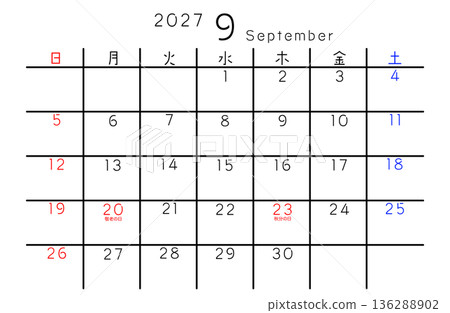 2027 Simple Calendar September Day of the Week Japanese 136288902