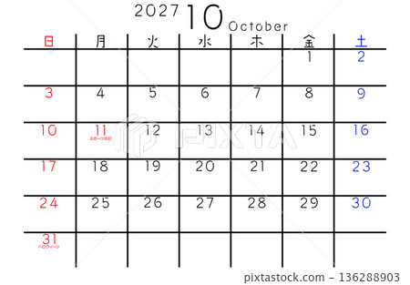 2027 Simple Calendar October Day of the Week Japanese 136288903