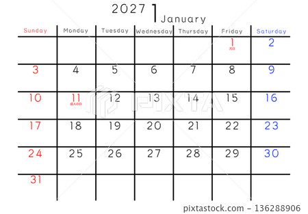 2027 Simple Calendar January Days of the Week English 136288906