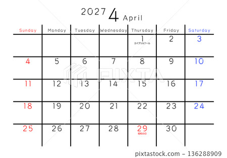 2027年簡易日曆 四月星期(英文版) 2027年簡易日曆 四月星期(英文版) 136288909