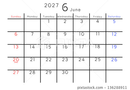 2027年簡易日曆六月星期(英文版) 2027年簡易日曆六月星期(英文版) 136288911